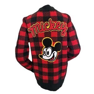 Woman’s Disney X Forever 21 Cardigan Red Black Plaid Mickey Mouse Sweater Med